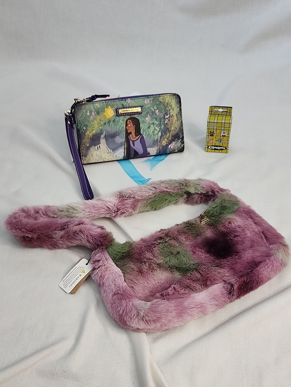 Dooney&Bourke "Wish" Wristlet, Faux Fur Handbag w/ "Clueless" Mystery Pin Set